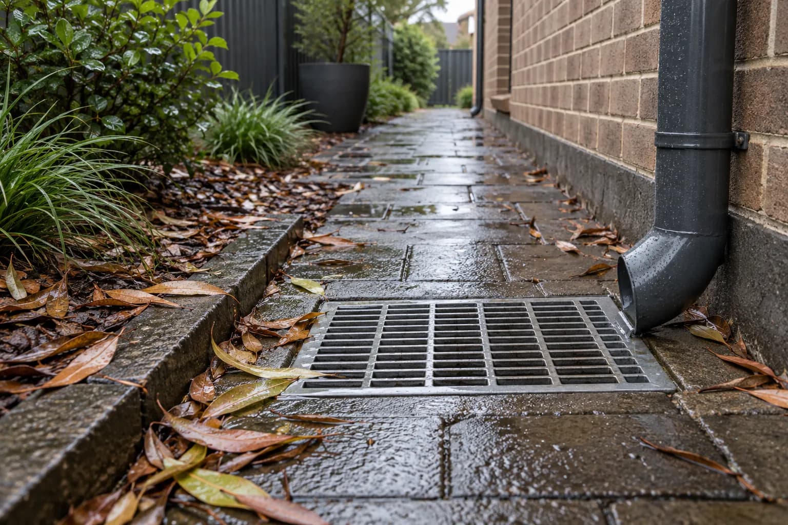 Stormwater grate and downpipe beside a wet garden path