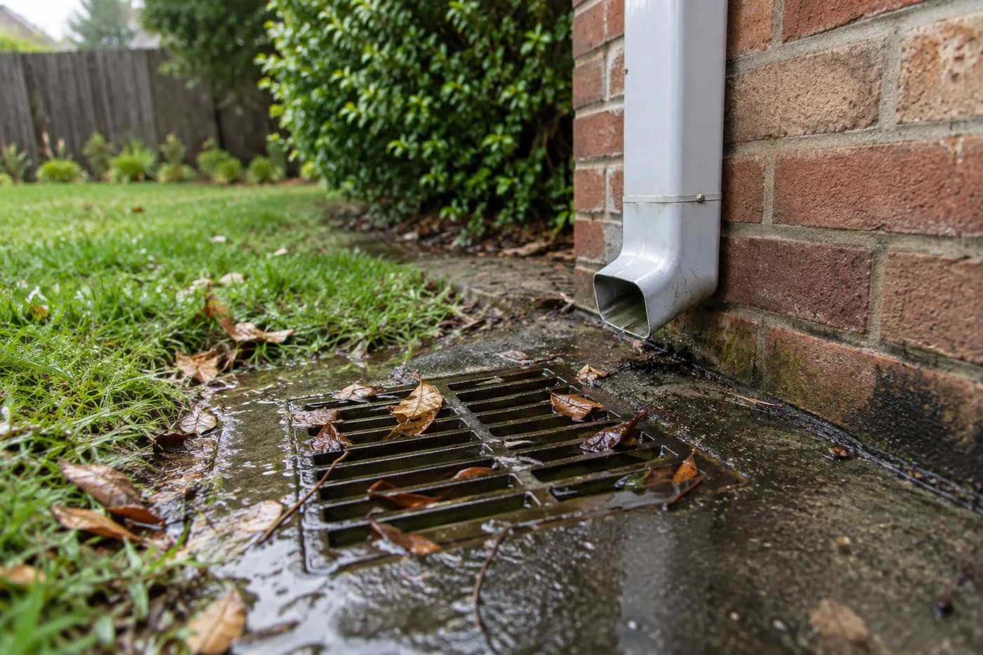 Wet leaves and collected rainwater around a stormwater grate