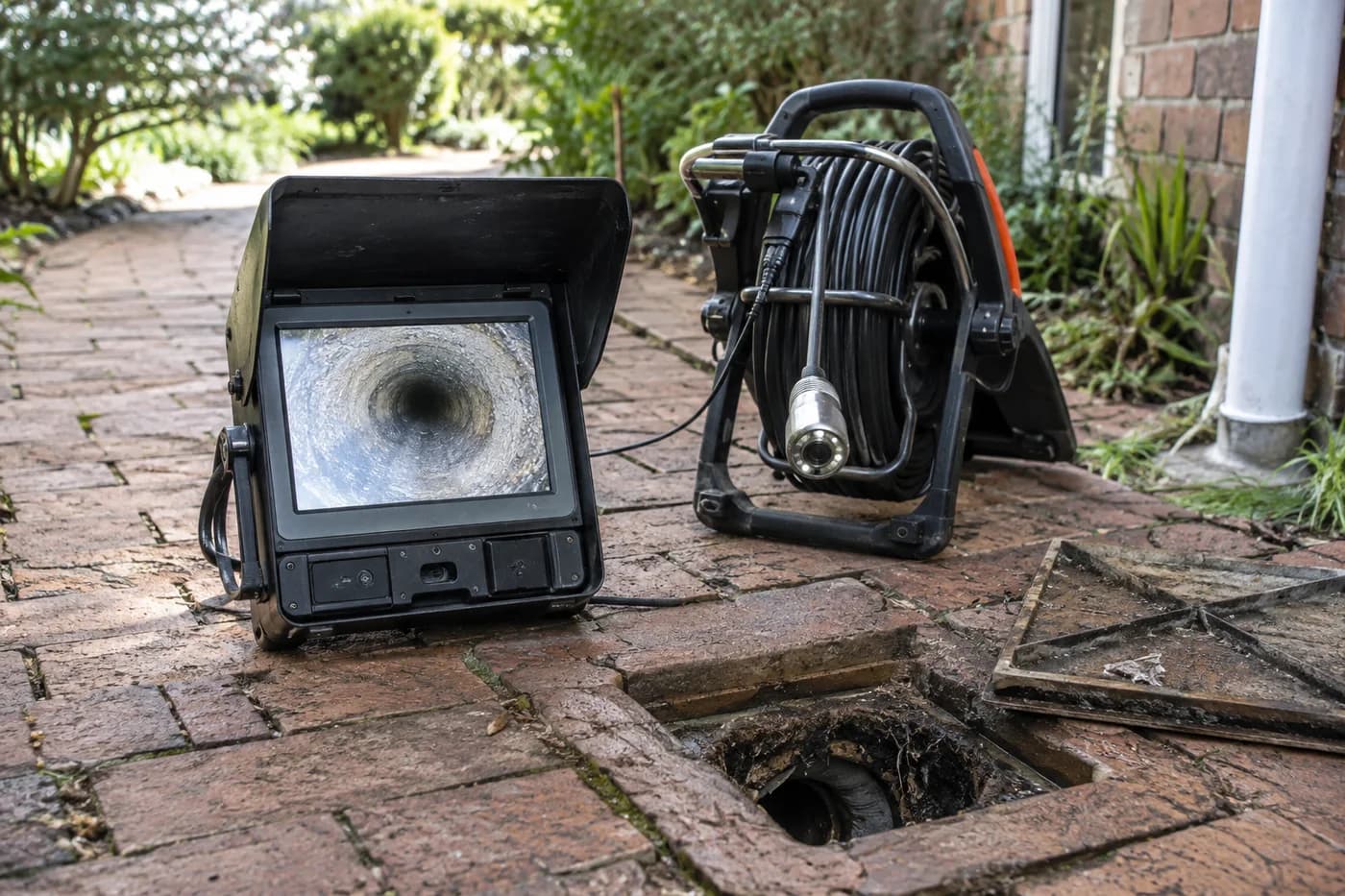 Drain inspection camera reel and monitor beside a garden drain access